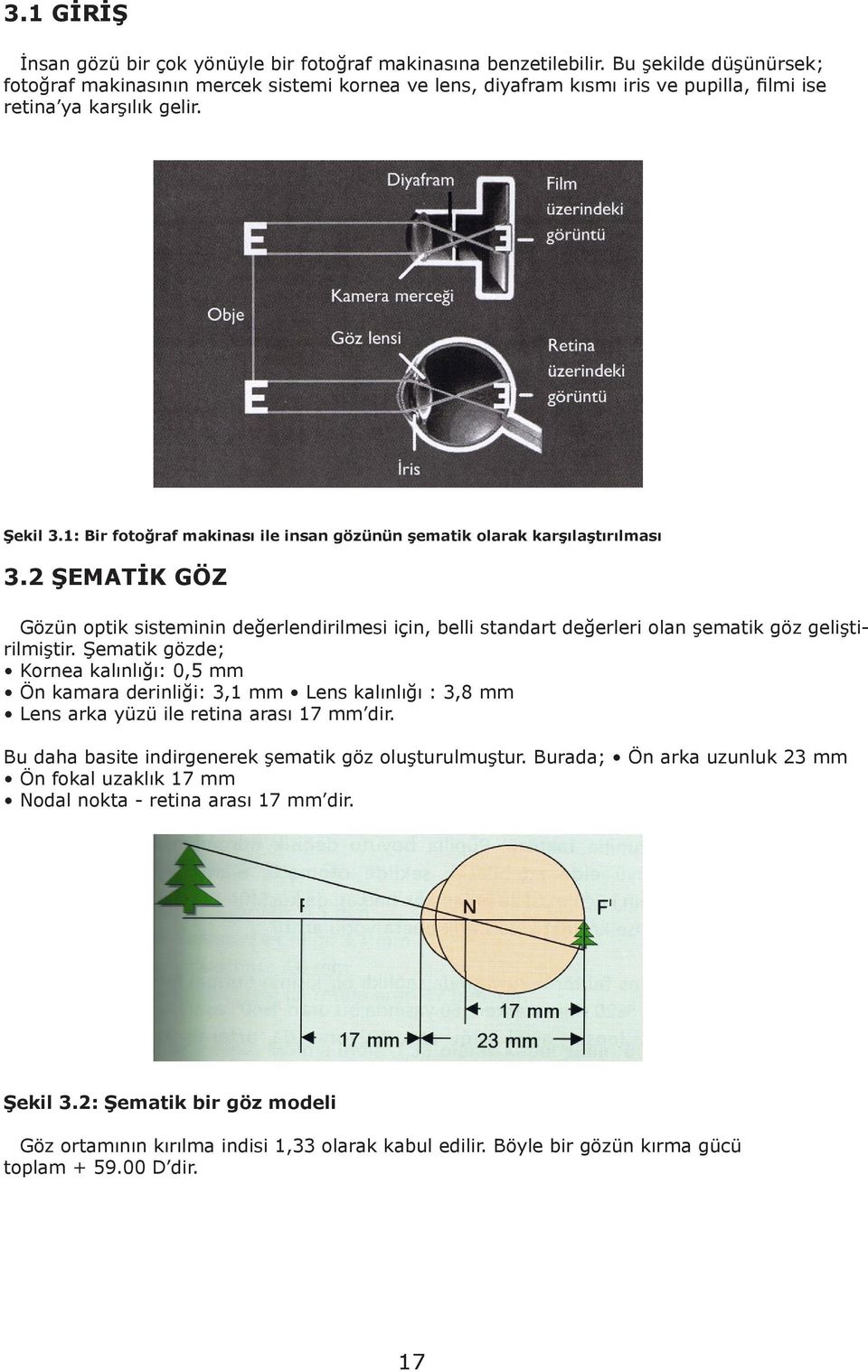 1: Bir fotoğraf makinası ile insan gözünün şematik olarak karşılaştırılması 3.2 ŞEMATİK GÖZ Gözün optik sisteminin değerlendirilmesi için, belli standart değerleri olan şematik göz geliştirilmiştir.