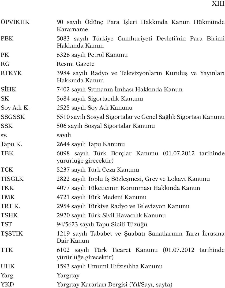 Televizyonların Kuruluş ve Yayınları Hakkında Kanun 7402 sayılı Sıtmanın İmhası Hakkında Kanun 5684 sayılı Sigortacılık Kanunu 2525 sayılı Soy Adı Kanunu 5510 sayılı Sosyal Sigortalar ve Genel Sağlık