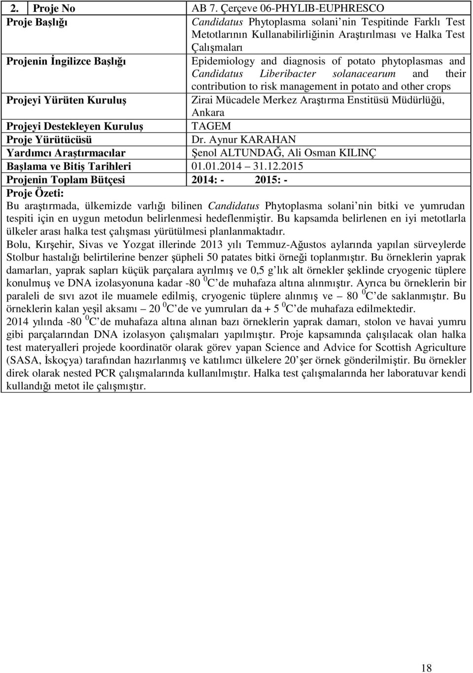 and diagnosis of potato phytoplasmas and Candidatus Liberibacter solanacearum and their contribution to risk management in potato and other crops Projeyi Yürüten Kuruluş Zirai Mücadele Merkez