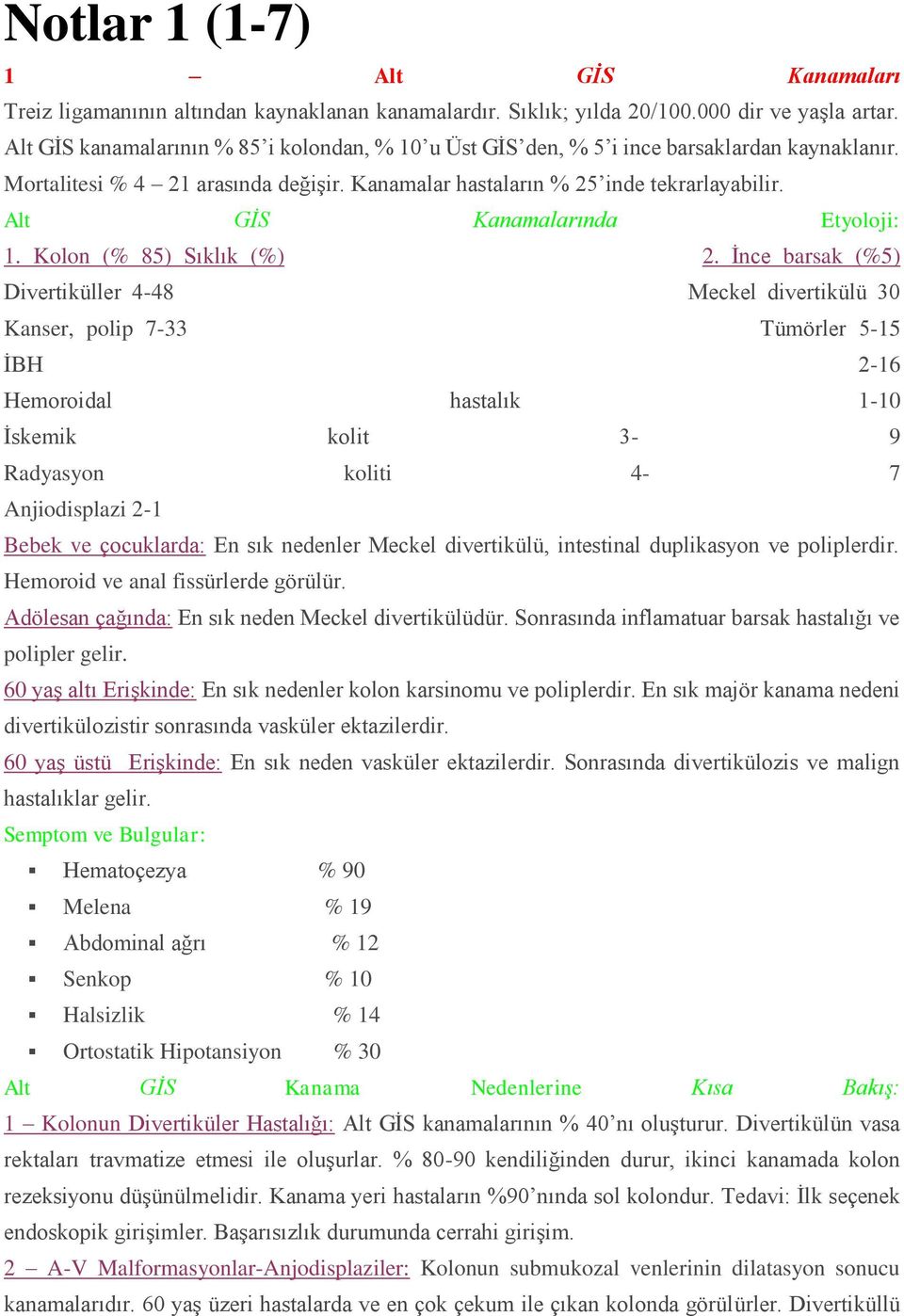 Alt GİS Kanamalarında Etyoloji: 1. Kolon (% 85) Sıklık (%) 2.