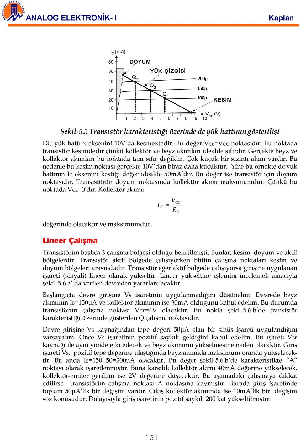 u noktada transistör kesimdedir çünkü kollektör ve beyz akımları idealde sıfırdır. Gerçekte beyz ve kollektör akımları bu noktada tam sıfır değildir. Çok küçük bir sızıntı akım vardır.