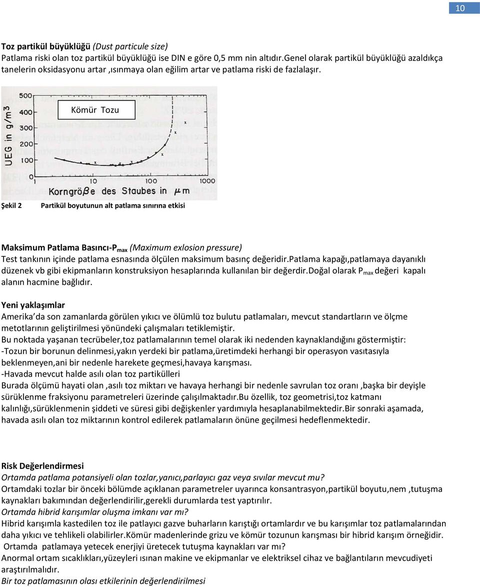 Kömür Tozu Şekil 2 Partikül boyutunun alt patlama sınırına etkisi Maksimum Patlama Basıncı-P max (Maximum exlosion pressure) Test tankının içinde patlama esnasında ölçülen maksimum basınç değeridir.