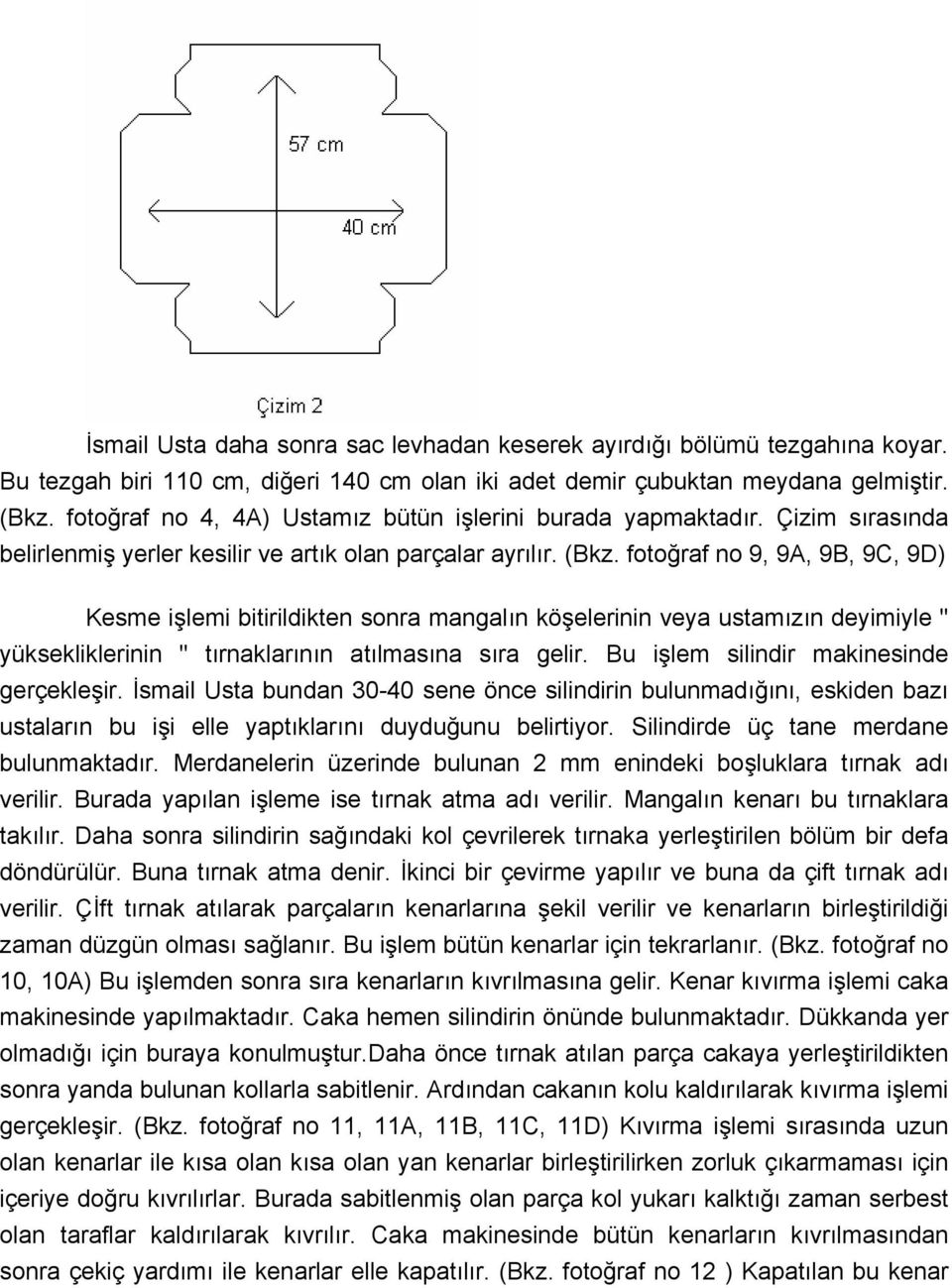 fotoğraf no 9, 9A, 9B, 9C, 9D) Kesme işlemi bitirildikten sonra mangalın köşelerinin veya ustamızın deyimiyle " yüksekliklerinin " tırnaklarının atılmasına sıra gelir.