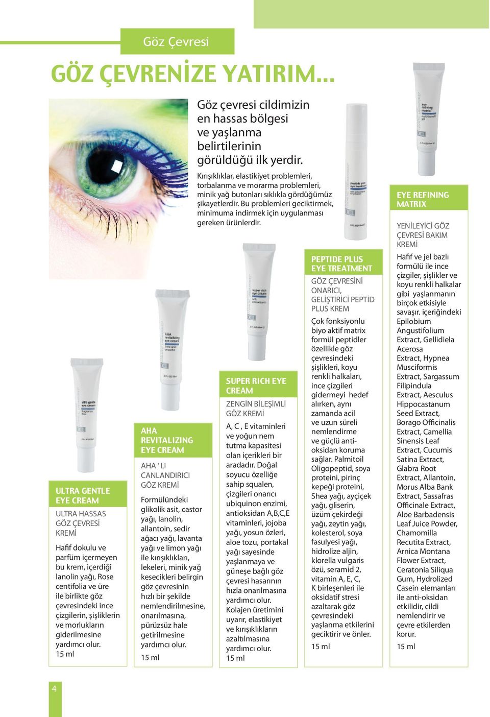 15 ml AHA REVITALIZING EYE CREAM AHA LI CANLANDIRICI GÖZ KREMİ Formülündeki glikolik asit, castor yağı, lanolin, allantoin, sedir ağacı yağı, lavanta yağı ve limon yağı ile kırışıklıkları, lekeleri,