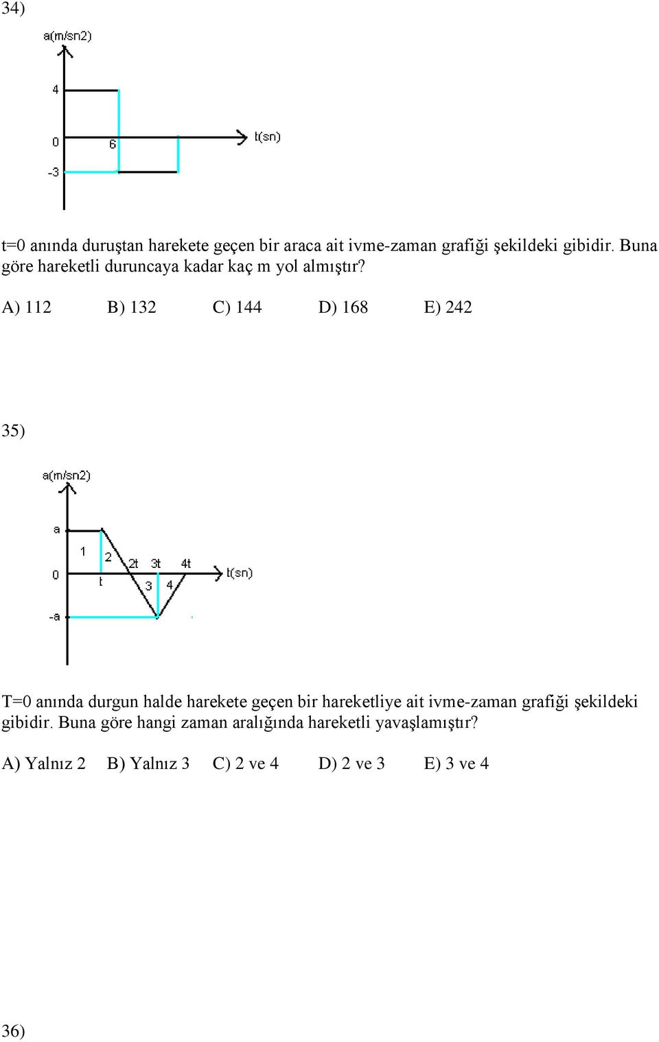 A) 112 B) 132 C) 144 D) 168 E) 242 35) T=0 anında durgun halde harekete geçen bir hareketliye ait