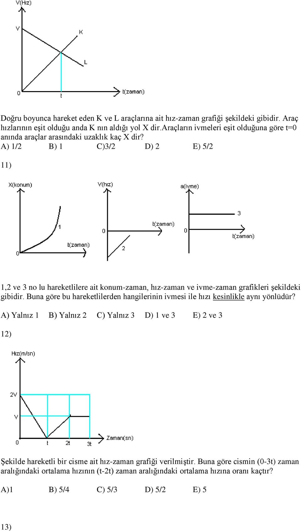 A) 1/2 B) 1 C)3/2 D) 2 E) 5/2 11) 1,2 ve 3 no lu hareketlilere ait konum-zaman, hız-zaman ve ivme-zaman grafikleri şekildeki gibidir.