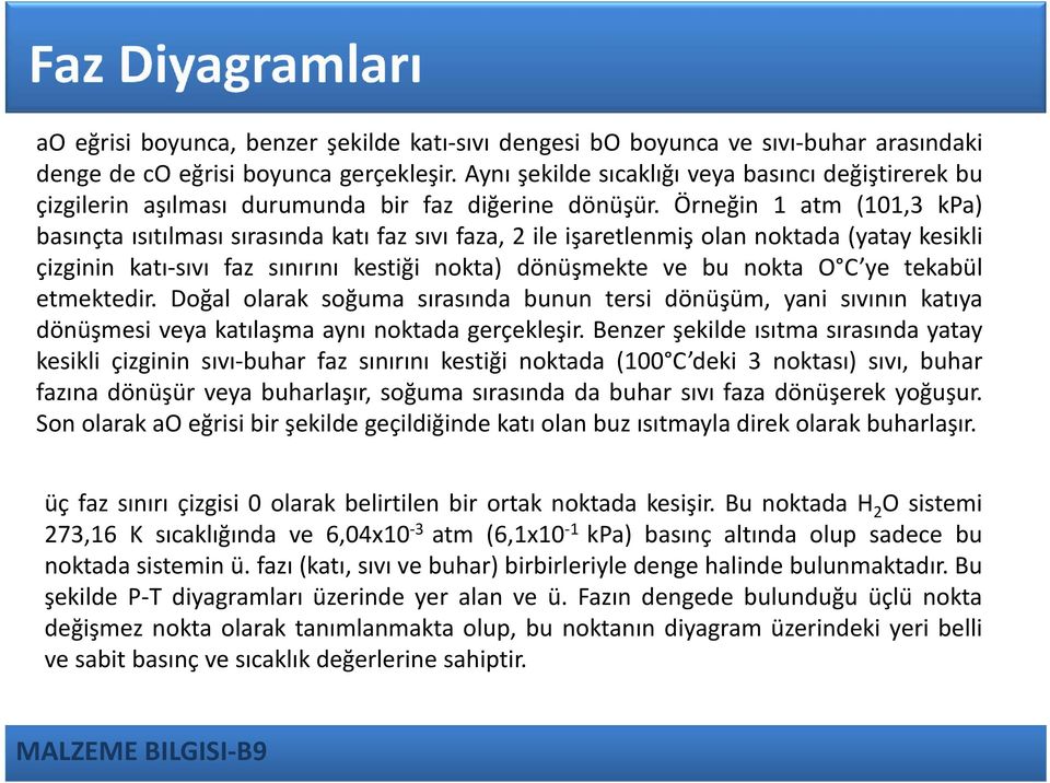 Örneğin 1 atm (101,3 kpa) basınçta ısıtılması sırasında katı faz sıvı faza, 2 ile işaretlenmiş olan noktada (yatay kesikli çizginin katı sıvı faz sınırını kestiği nokta) dönüşmekte ve bu nokta O C ye