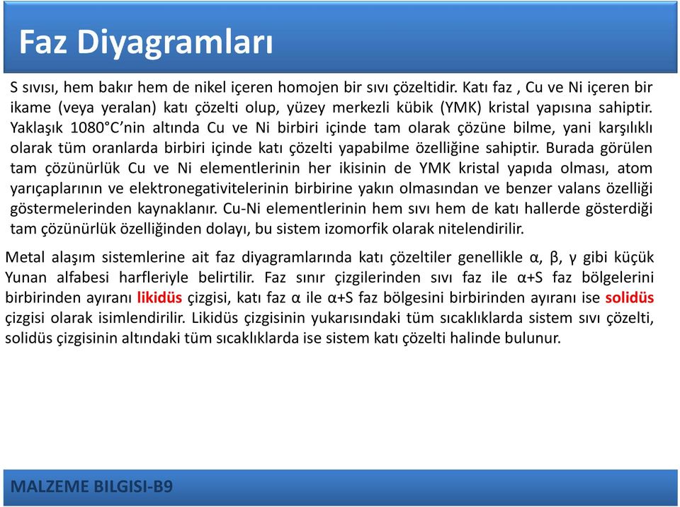 Burada görülen tam çözünürlük Cu ve Ni elementlerinin her ikisinin de YMK kristal yapıda olması, atom yarıçaplarının ve elektronegativitelerinin birbirine yakın olmasından ve benzer valans özelliği