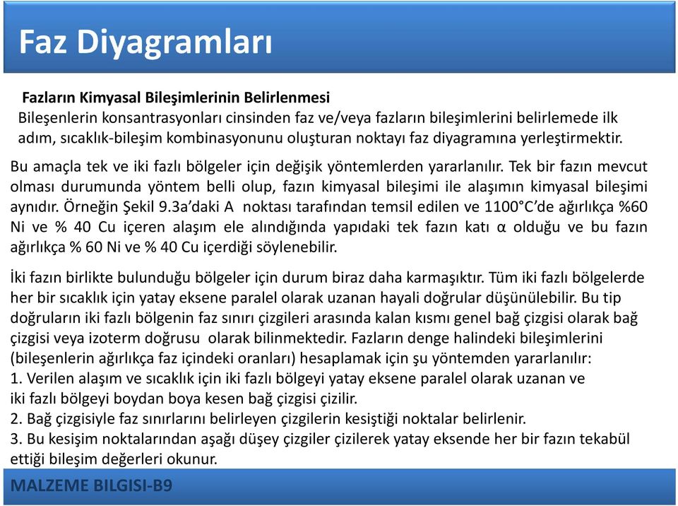 Tek bir fazın mevcut olması durumunda yöntem belli olup, fazın kimyasal bileşimi ile alaşımın kimyasal bileşimi aynıdır. Örneğin Şekil 9.