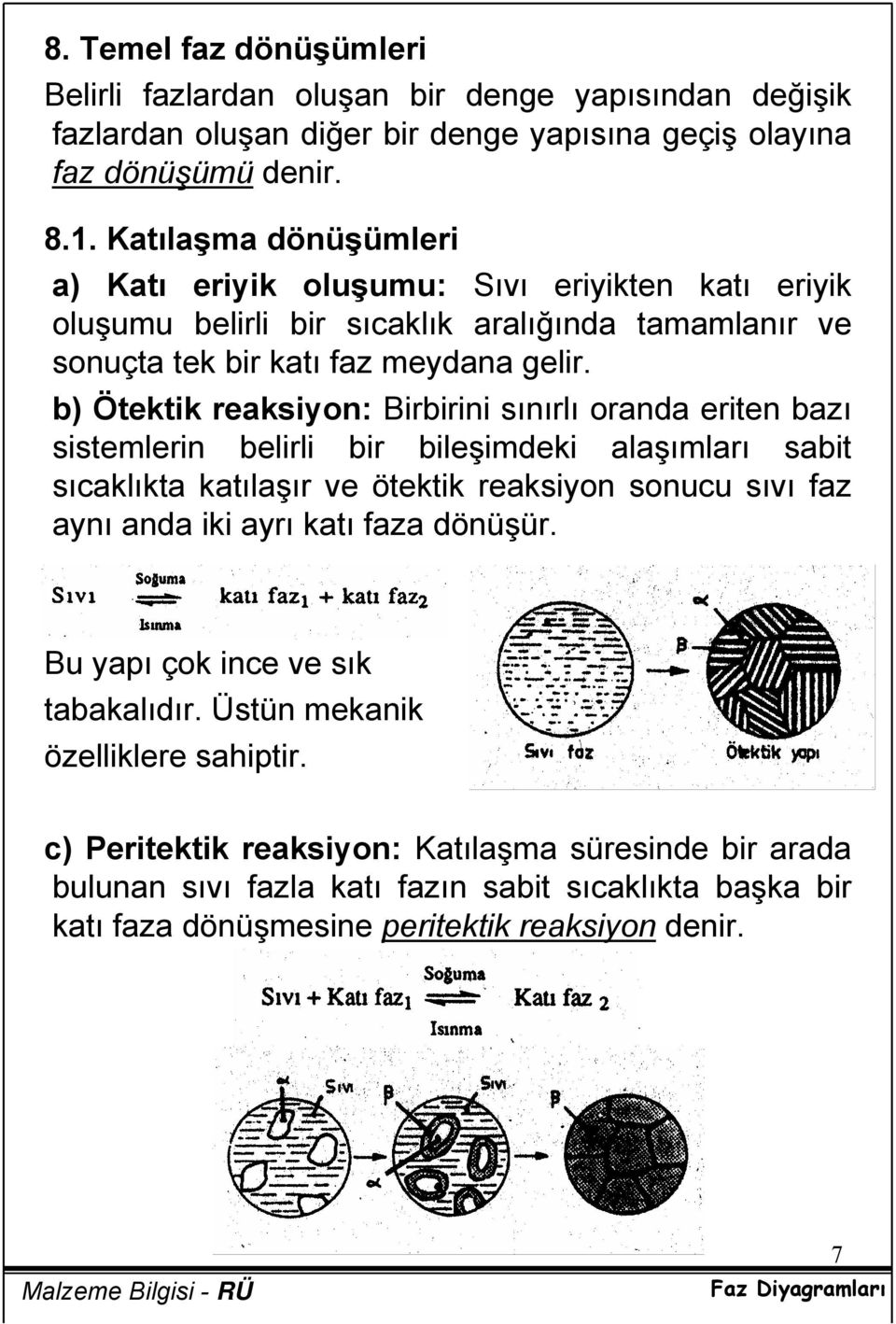 b) Ötektik reaksiyon: Birbirini sınırlı oranda eriten bazı sistemlerin belirli bir bileşimdeki alaşımları sabit sıcaklıkta katılaşır ve ötektik reaksiyon sonucu sıvı faz aynı anda iki ayrı