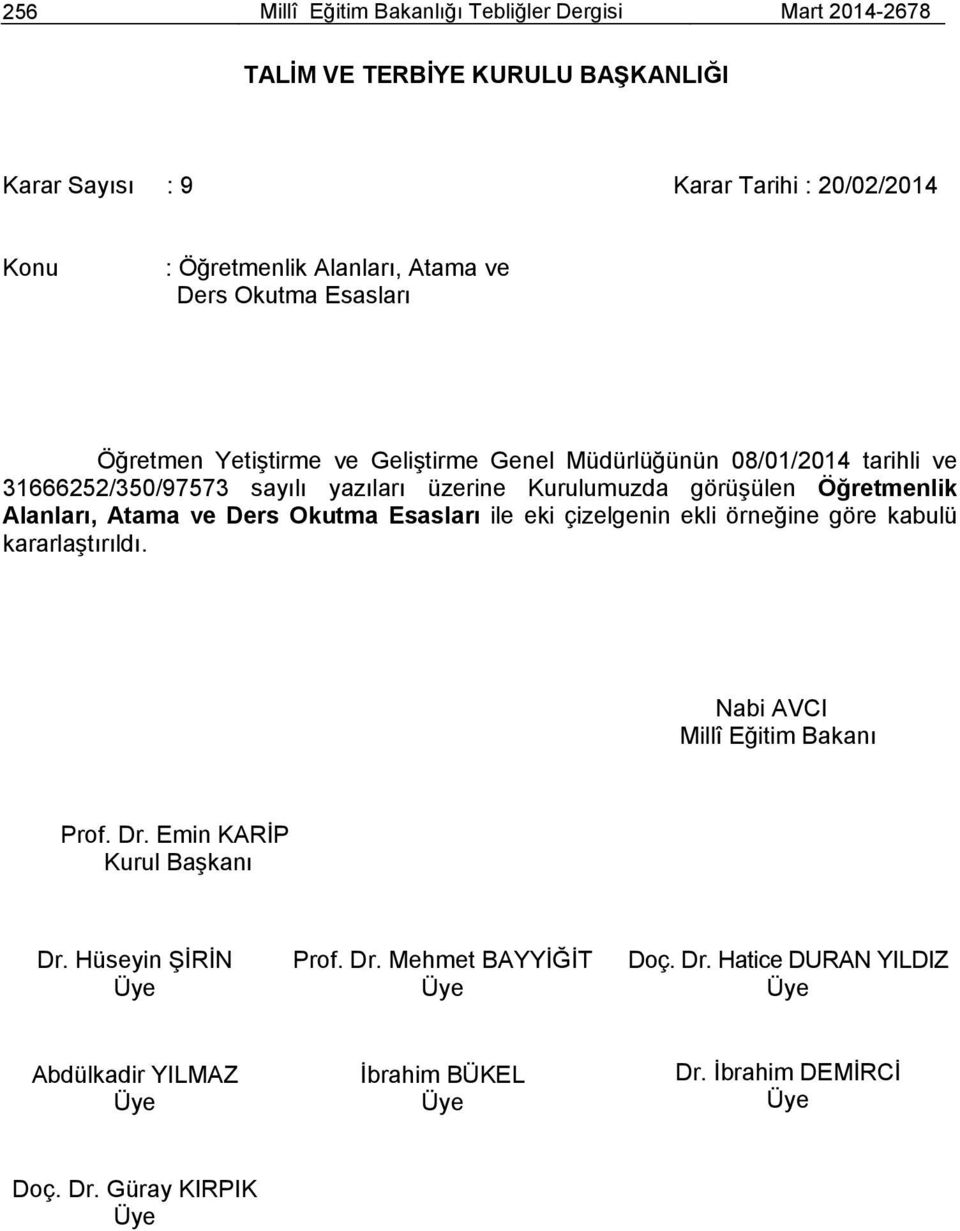 Öğretmenlik Alanları, Atama ve Ders Okutma Esasları ile eki çizelgenin ekli örneğine göre kabulü kararlaştırıldı. Nabi AVCI Millî Eğitim Bakanı Prof. Dr.