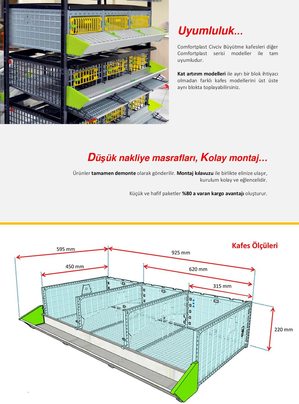 Düşük nakliye masrafları, Kolay montaj Ürünler tamamen demonte olarak gönderilir.