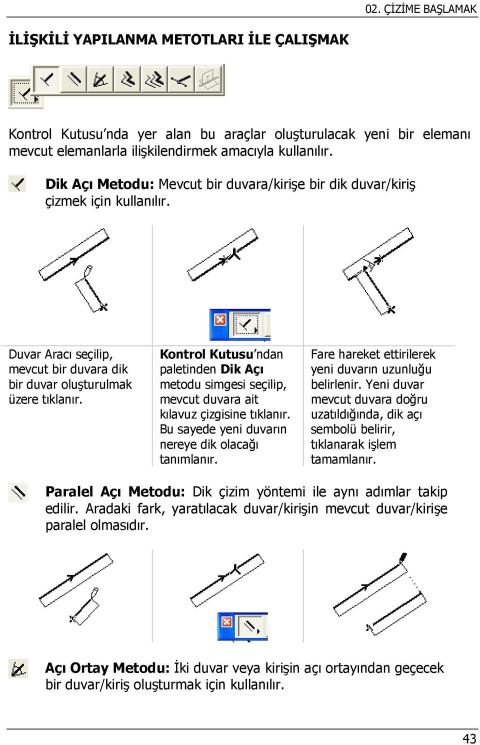 Kontrol Kutusu ndan paletinden Dik Açı metodu simgesi seçilip, mevcut duvara ait kılavuz çizgisine tıklanır. Bu sayede yeni duvarın nereye dik olacağı tanımlanır.