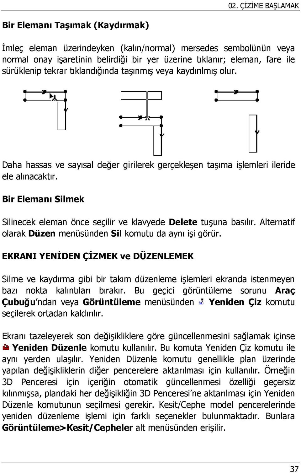 Bir Elemanı Silmek Silinecek eleman önce seçilir ve klavyede Delete tuşuna basılır. Alternatif olarak Düzen menüsünden Sil komutu da aynı işi görür.