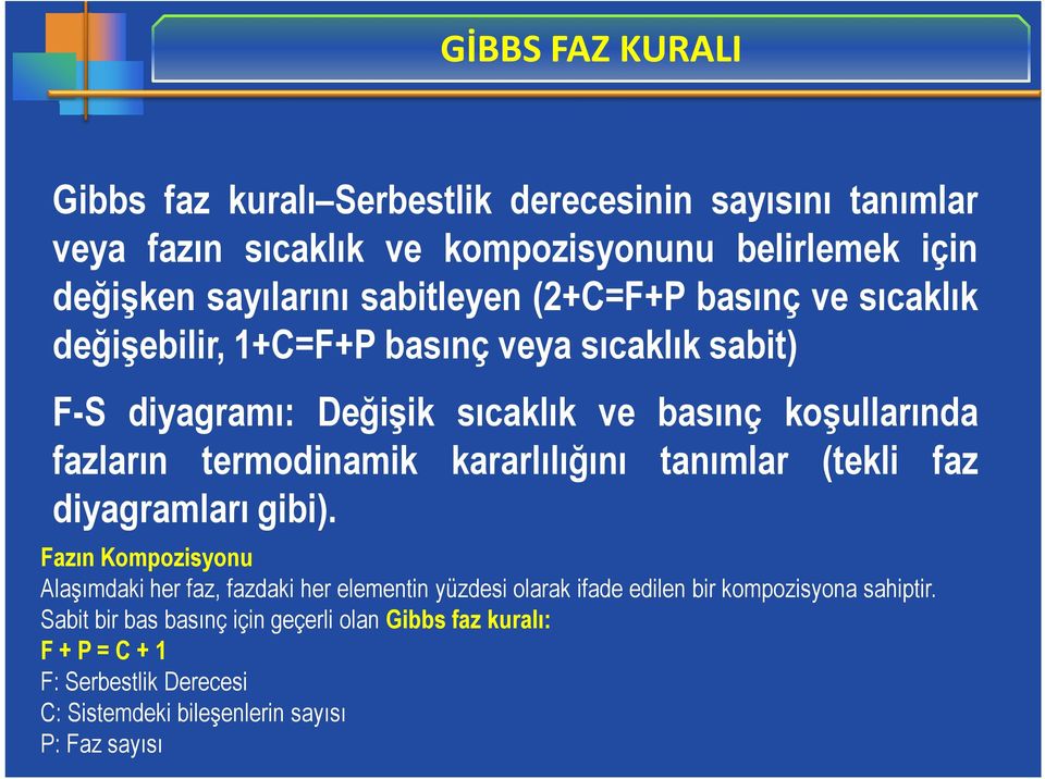 termodinamik kararlılığını tanımlar (tekli faz diyagramları gibi).