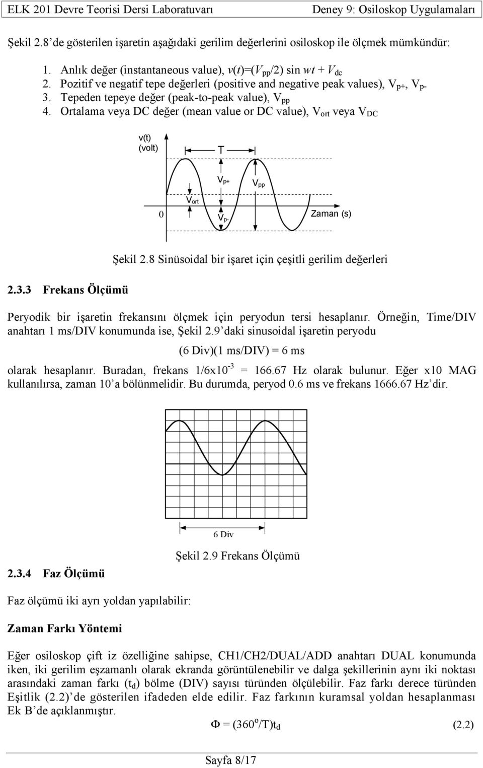 Ortalama veya DC değer (mean value or DC value), V ort veya V DC v(t) (volt) T V p+ V pp V ort V p- Zaman (s) 2.3.3 Frekans Ölçümü Şekil 2.