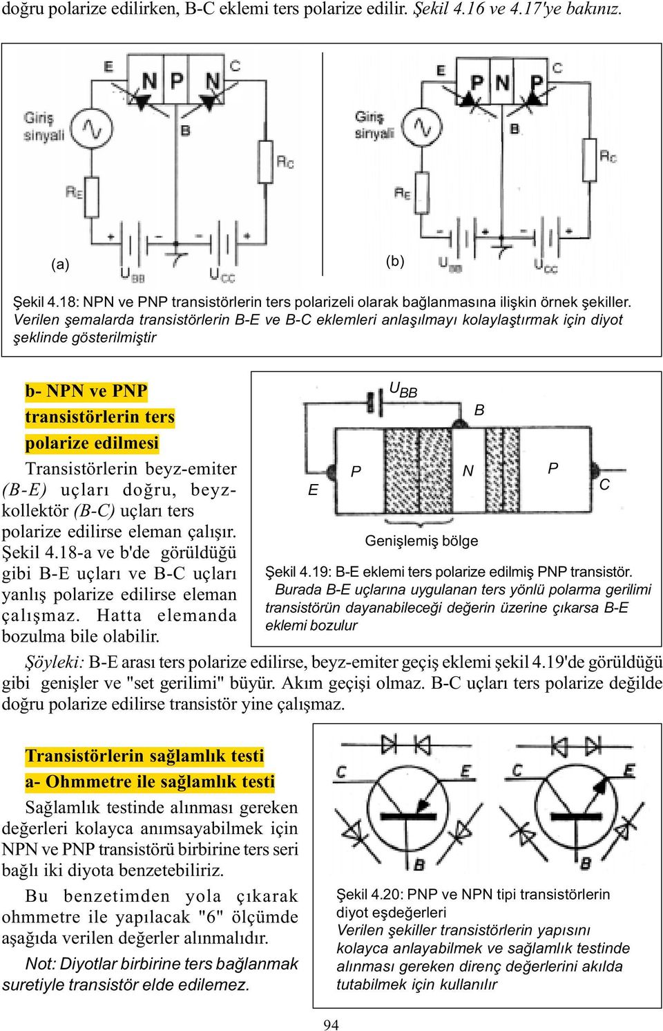 (B-E) uçlarý doðru, beyzkollektör (B-C) uçlarý ters polarize edilirse eleman çalýþýr. Þekil 4.18-a ve b'de görüldüðü gibi B-E uçlarý ve B-C uçlarý yanlýþ polarize edilirse eleman çalýþmaz.