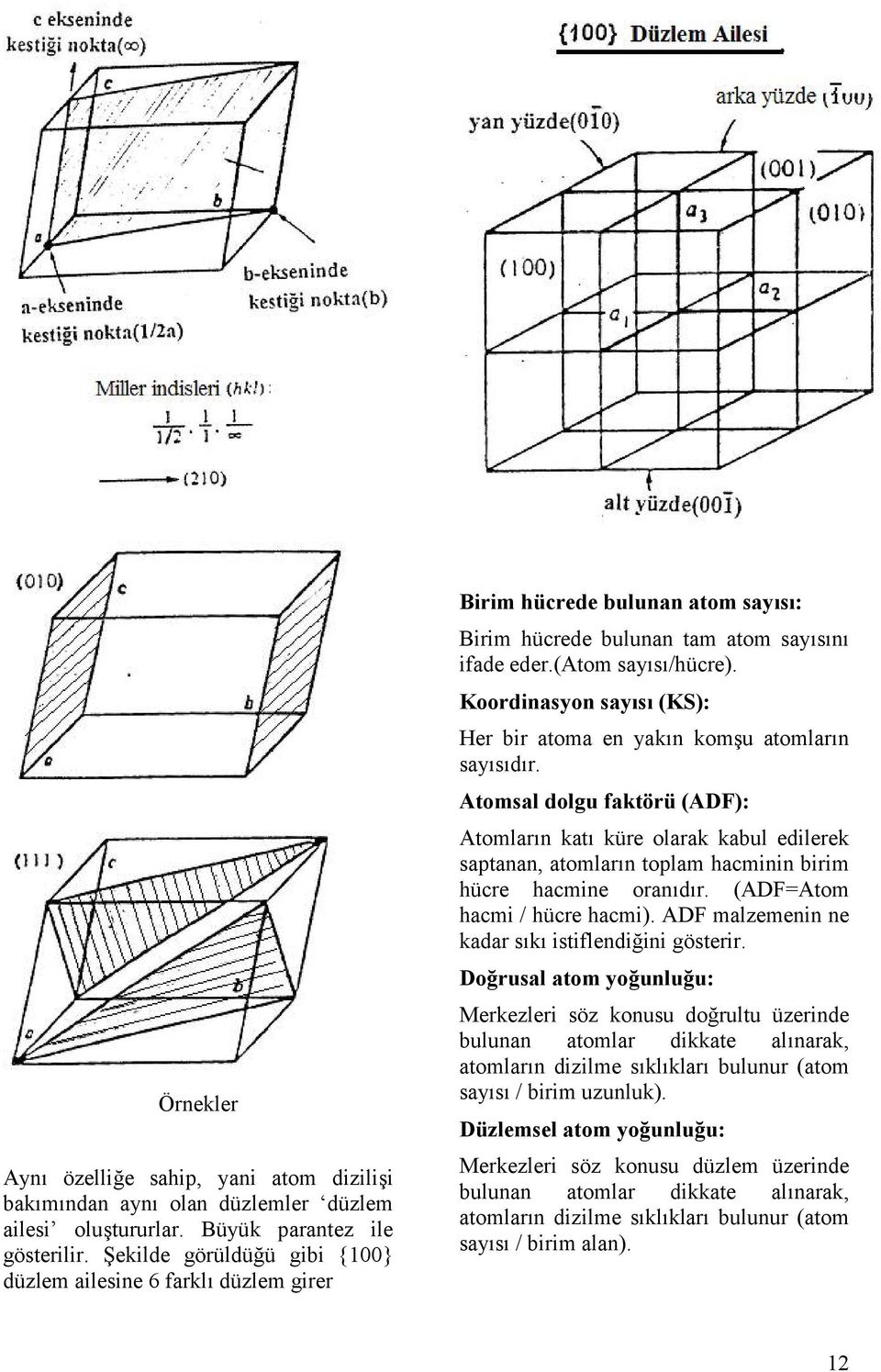 Koordinasyon says (KS): Her bir atoma en yakn komu atomlarn saysdr. Atomsal dolgu faktörü (ADF): Atomlarn kat küre olarak kabul edilerek saptanan, atomlarn toplam hacminin birim hücre hacmine orandr.