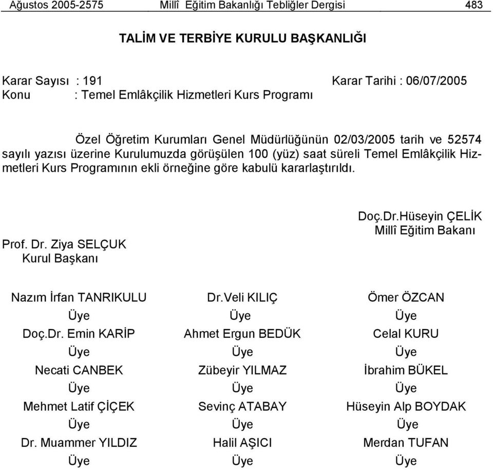 Programının ekli örneğine göre kabulü kararlaştırıldı. Prof. Dr. Ziya SELÇUK Kurul Başkanı Doç.Dr.Hüseyin ÇELİK Millî Eğitim Bakanı Nazım İrfan TANRIKULU Dr.