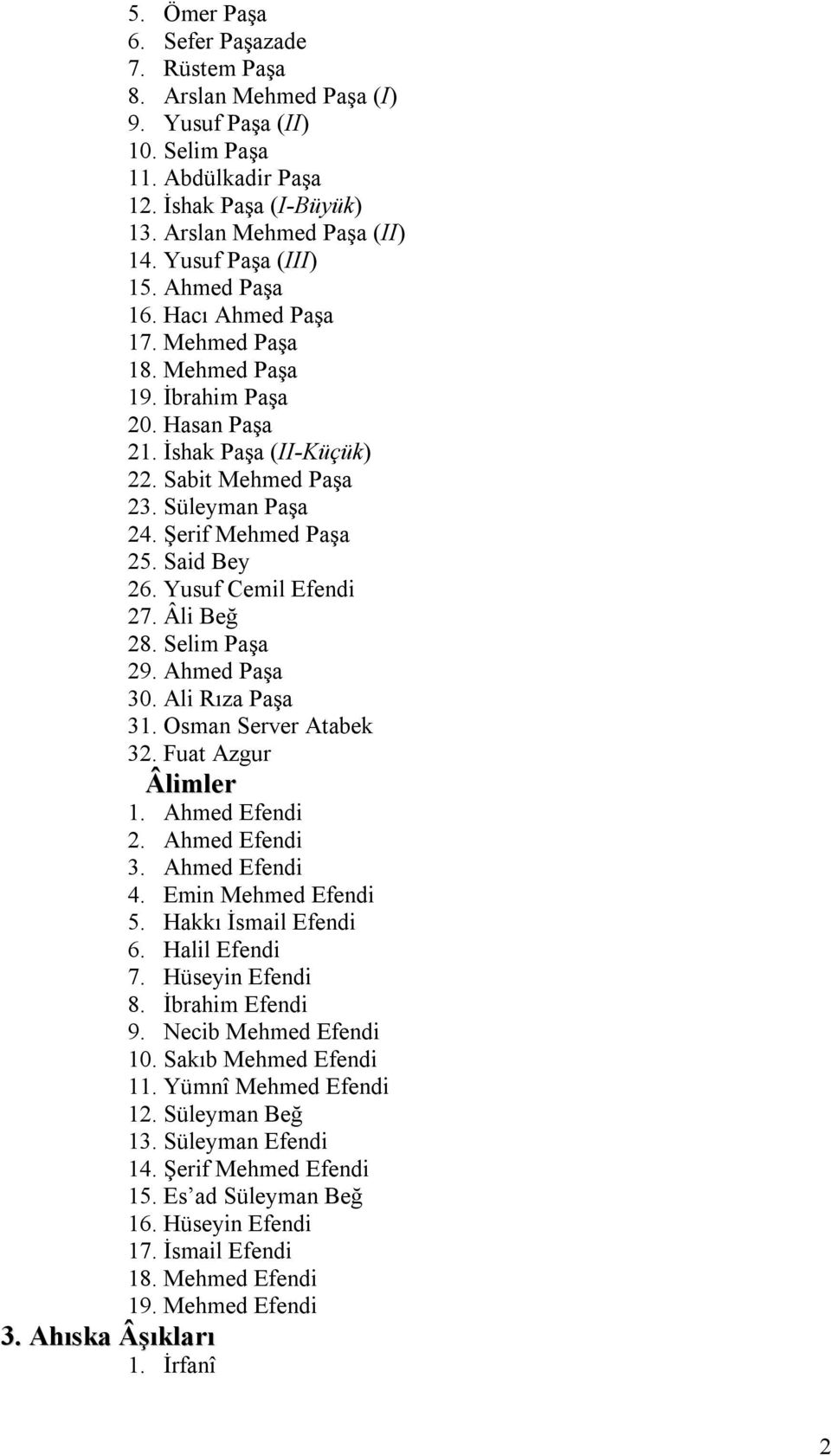 Şerif Mehmed Paşa 25. Said Bey 26. Yusuf Cemil Efendi 27. Âli Beğ 28. Selim Paşa 29. Ahmed Paşa 30. Ali Rıza Paşa 31. Osman Server Atabek 32. Fuat Azgur Âlimler 1. Ahmed Efendi 2. Ahmed Efendi 3.