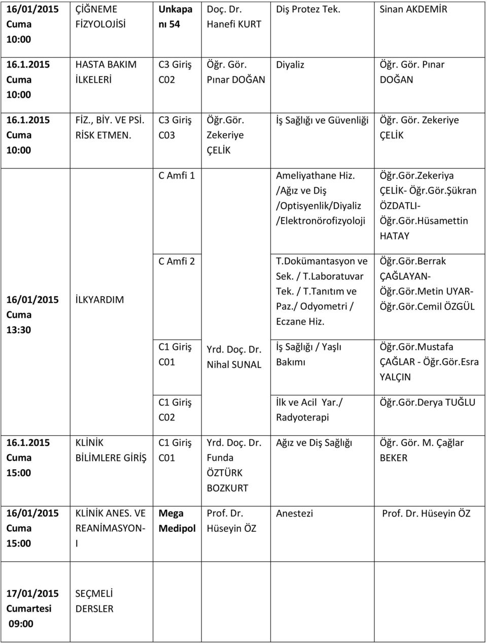 /Ağız ve Diş /Optisyenlik/Diyaliz /Elektronörofizyoloji Öğr.Gör.Zekeriya ÇELİK- Öğr.Gör.Şükran ÖZDATLI- Öğr.Gör.Hüsamettin HATAY 16/01/2015 Cuma 13:30 İLKYARDIM C Amfi 2 Yrd. Doç. Dr. Nihal SUNAL T.