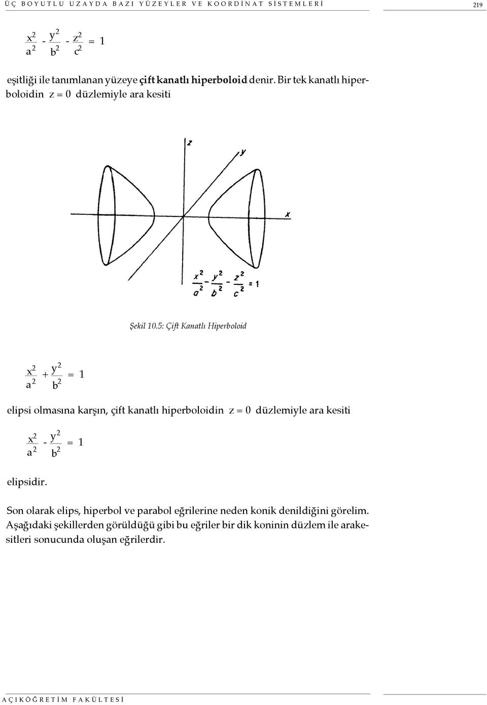 5: Çift Kanatlı Hiperboloid a 2 + y2 b 2 = 1 elipsi olmasına karşın, çift kanatlı hiperboloidin z = 0 düzlemiyle ara kesiti a 2 - y2 b 2 = 1