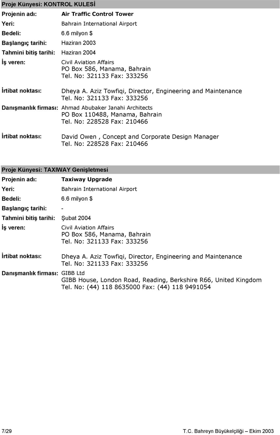 Aziz Towfiqi, Director, Engineering and Maintenance Tel. No: 321133 Fax: 333256 Danışmanlık firması: Ahmad Abubaker Janahi Architects PO Box 110488, Manama, Bahrain Tel.