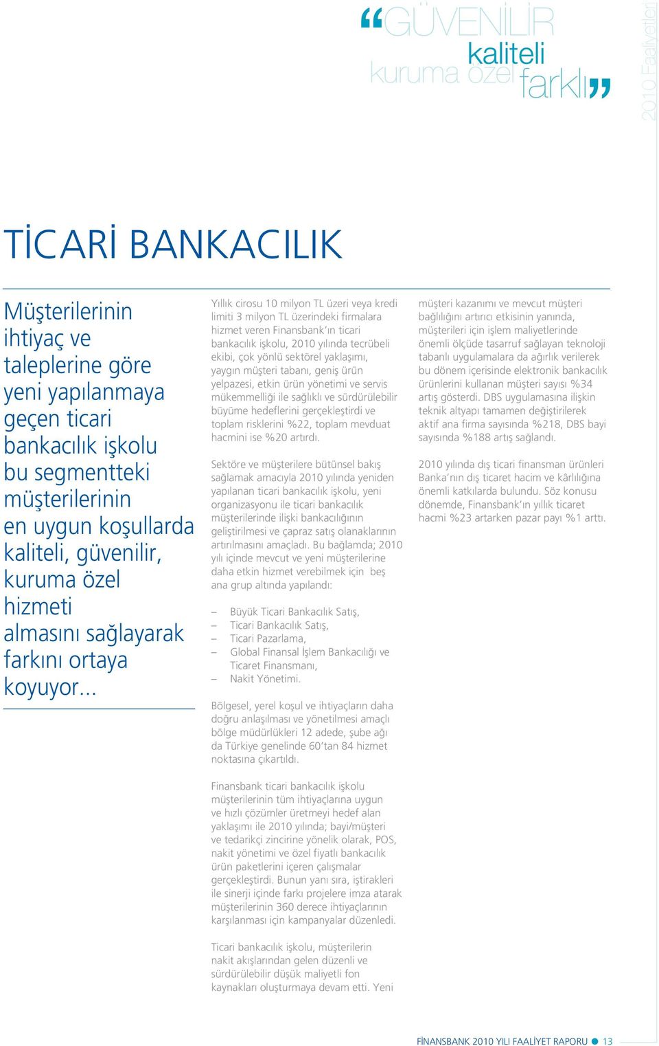 .. Y ll k cirosu 10 milyon TL üzeri veya kredi limiti 3 milyon TL üzerindeki firmalara hizmet veren Finansbank n ticari bankac l k işkolu, 2010 y l nda tecrübeli ekibi, çok yönlü sektörel yaklaş m,