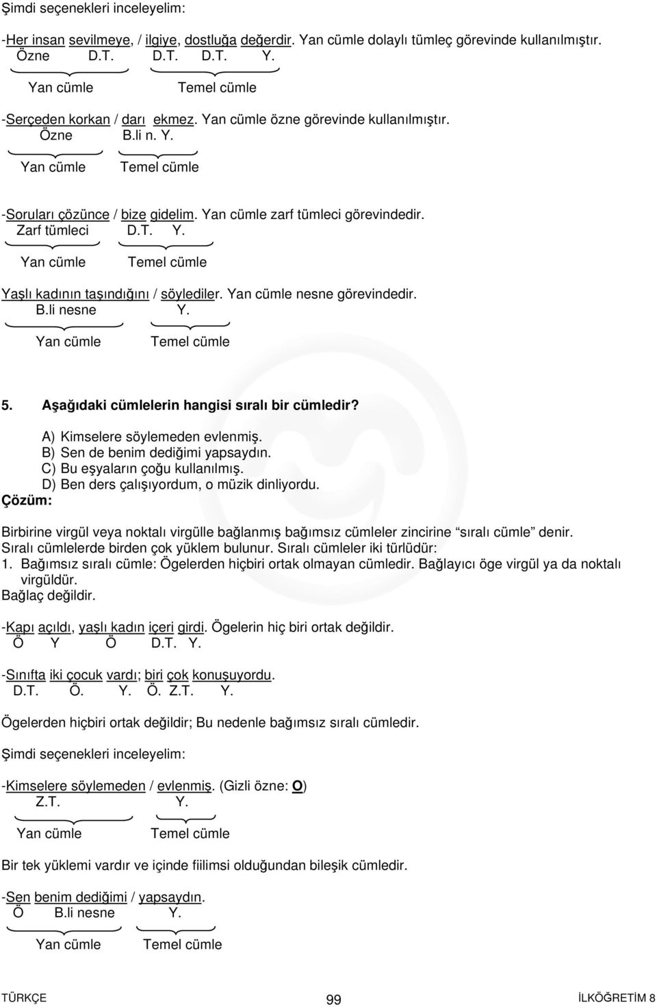 Yan cümle nesne görevindedir. B.li nesne Y. Yan cümle Temel cümle 5. Aşağıdaki cümlelerin hangisi sıralı bir A) Kimselere söylemeden evlenmiş. B) Sen de benim dediğimi yapsaydın.