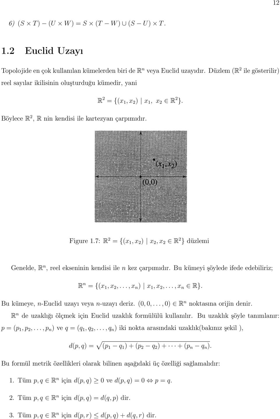 7: R 2 = {(x 1, x 2 ) x 2, x 2 R 2 } düzlemi Genelde, R n, reel ekseninin kendisi ile n kez çarpımıdır. Bu kümeyi şöylede ifede edebiliriz; R n = {(x 1, x 2,..., x n ) x 1, x 2,..., x n R}.