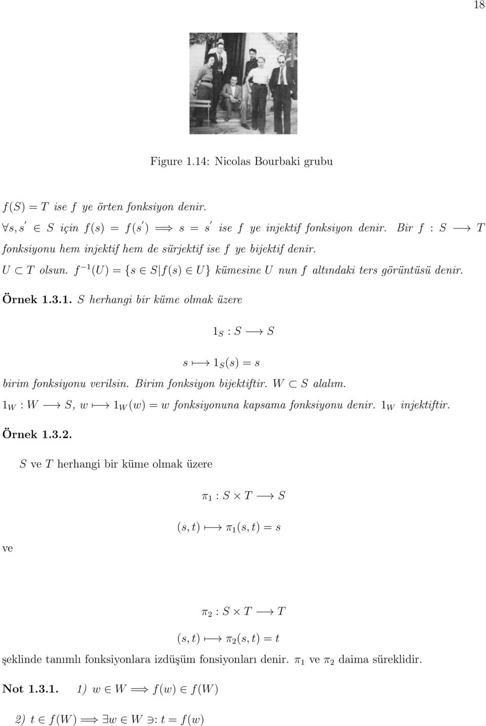 Birim fonksiyon bijektiftir. W S alalım. 1 W : W S, w 1 W (w) = w fonksiyonuna kapsama fonksiyonu denir. 1 W injektiftir. Örnek 1.3.2.