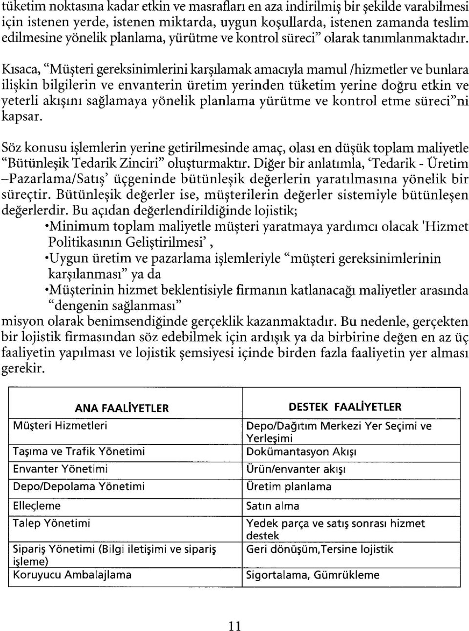 Kısaca, "Müşteri gereksinimlerini karşılamak amacıyla mamul /hizmetler ve bunlara ilişkin bilgilerin ve envanterin üretim yerinden tüketim yerine doğru etkin ve yeterli akışını sağlamaya yönelik