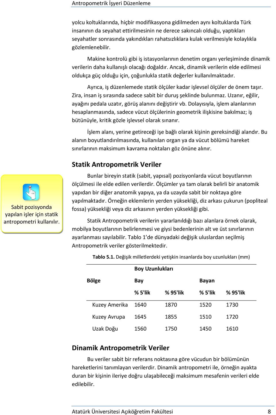 Ancak, dinamik verilerin elde edilmesi oldukça güç olduğu için, çoğunlukla statik değerler kullanılmaktadır. Ayrıca, iş düzenlemede statik ölçüler kadar işlevsel ölçüler de önem taşır.