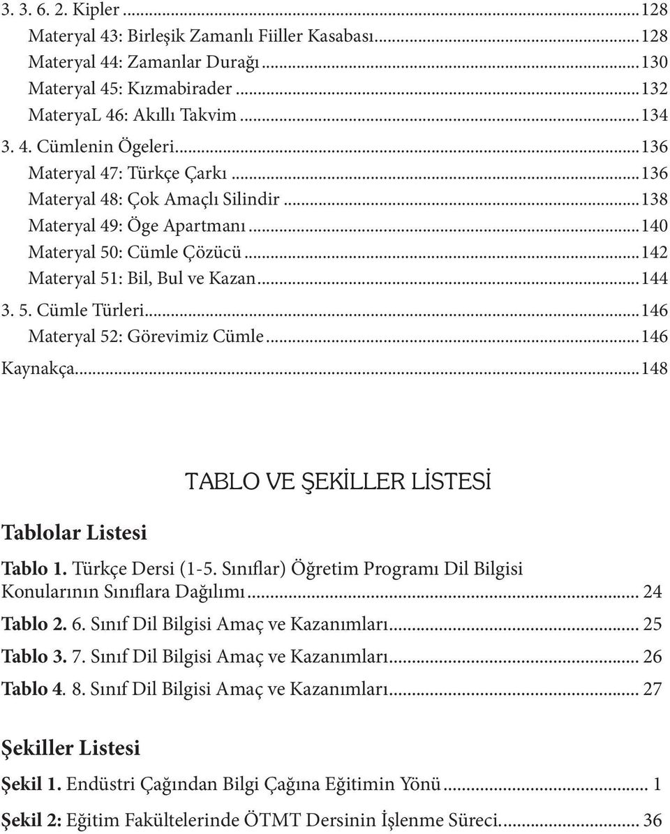 ..146 Materyal 52: Görevimiz Cümle...146 Kaynakça...148 TABLO VE ŞEKİLLER LİSTESİ Tablolar Listesi Tablo 1. Türkçe Dersi (1-5. Sınıflar) Öğretim Programı Dil Bilgisi Konularının Sınıflara Dağılımı.