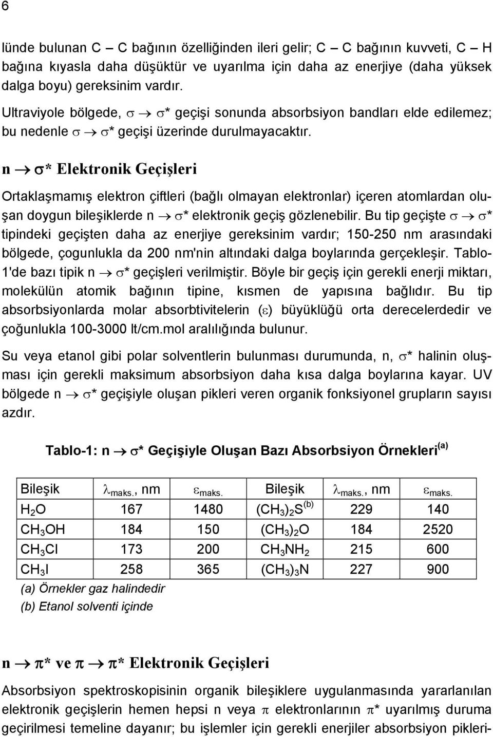 n * Elektronik Geçişleri Ortaklaşmamış elektron çiftleri (bağlı olmayan elektronlar) içeren atomlardan oluşan doygun bileşiklerde n * elektronik geçiş gözlenebilir.