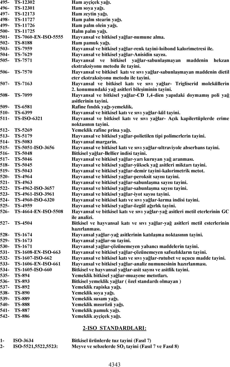 504- TS-7629 Hayvansal ve bitkisel yağlar-anisidin sayısı. 505- TS-7571 Hayvansal ve bitkisel yağlar-sabunlaşmayan maddenin hekzan ekstraksiyonu metodu ile tayini.