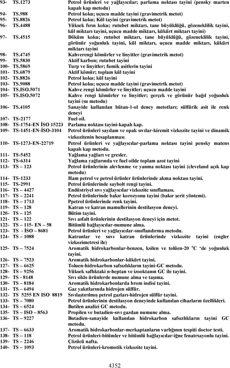 4488 Yüksek fırın koku; rutubet miktarı, tane büyüklüğü, gözeneklilik tayini, kül miktarı tayini, uçucu madde miktarı, kükürt miktarı tayini) 97- TS.