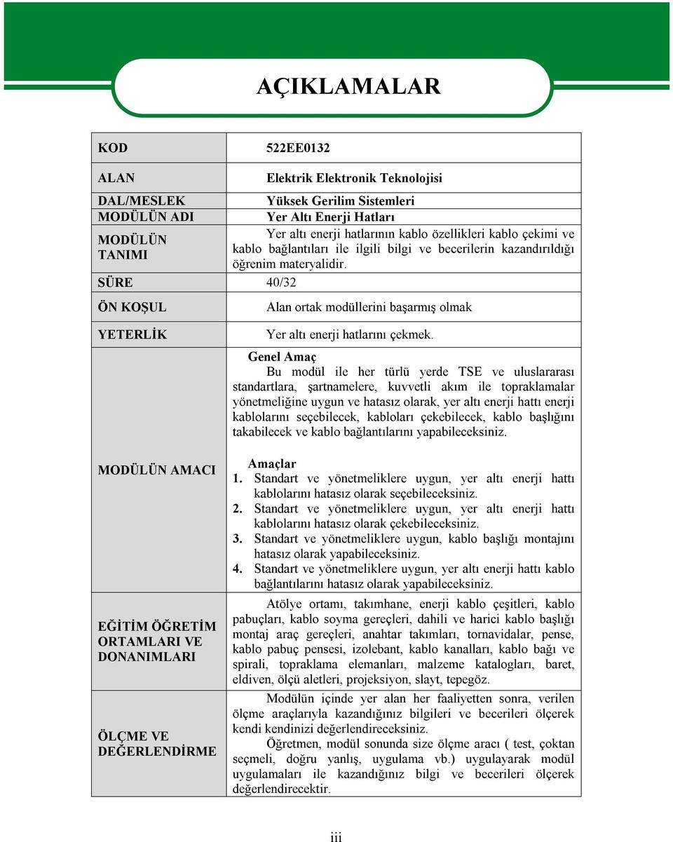 SÜRE 40/32 ÖN KOŞUL Alan ortak modüllerini başarmış olmak YETERLİK MODÜLÜN AMACI EĞİTİM ÖĞRETİM ORTAMLARI VE DONANIMLARI ÖLÇME VE DEĞERLENDİRME Yer altı enerji hatlarını çekmek.