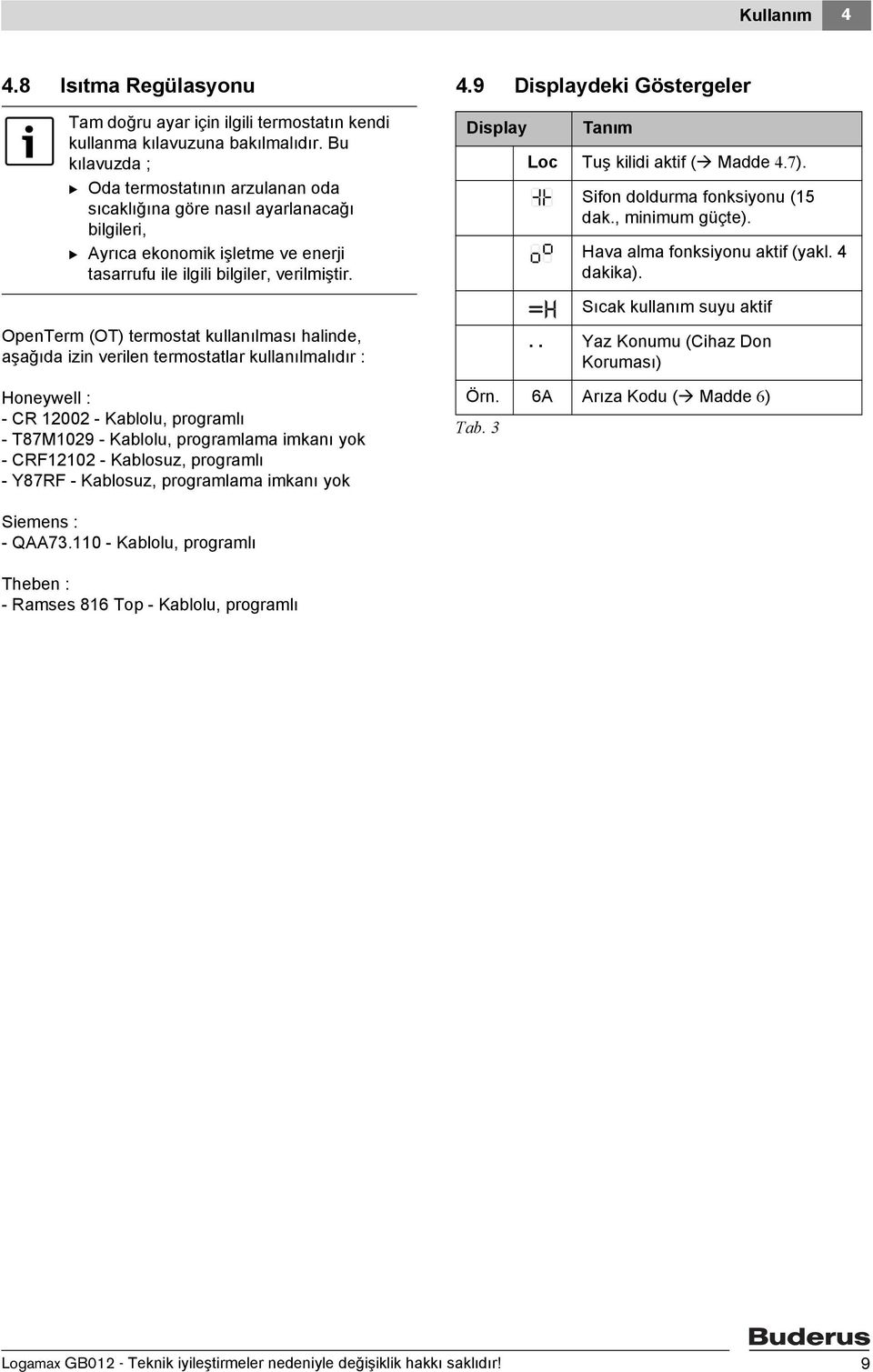 OpenTerm (OT) termostat kullanılması halinde, aşağıda izin verilen termostatlar kullanılmalıdır : Honeywell : - CR 12002 - Kablolu, programlı - T87M1029 - Kablolu, programlama imkanı yok - CRF12102 -