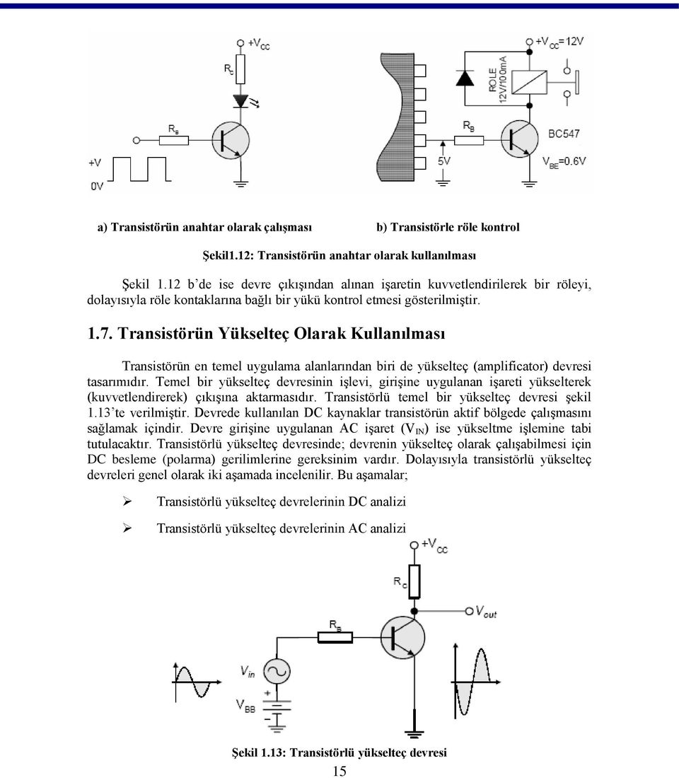 Transistörün Yükselteç Olarak Kullanılması Transistörün en temel uygulama alanlarından biri de yükselteç (amplificator) devresi tasarımıdır.