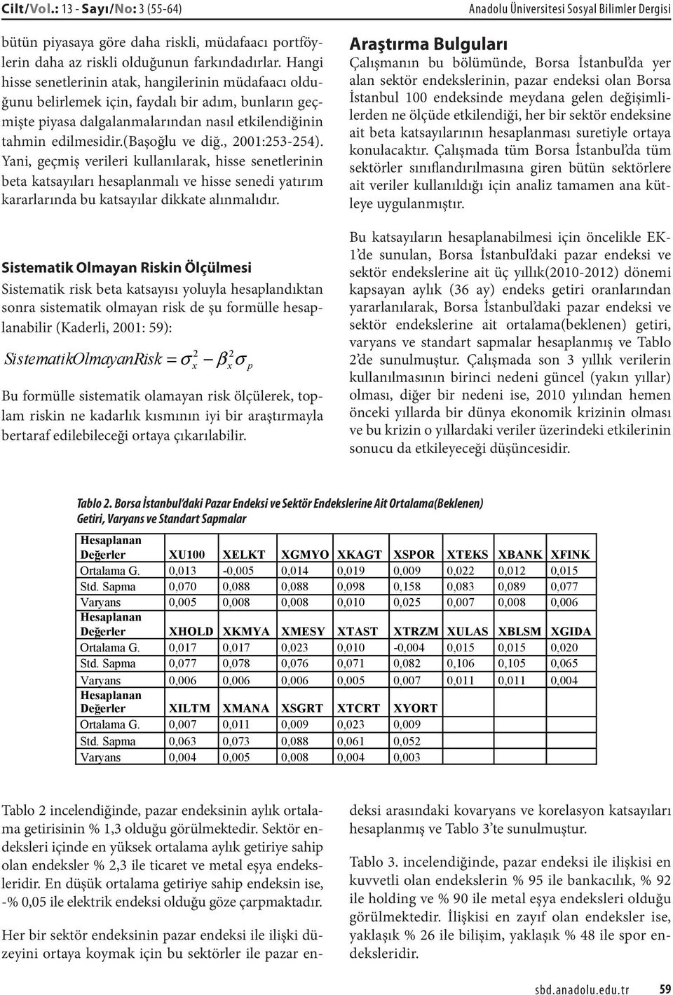 , 2001:253-254). Yani, geçmiş verileri kullanılarak, hisse senetlerinin beta katsayıları hesaplanmalı ve hisse senedi yatırım kararlarında bu katsayılar dikkate alınmalıdır.