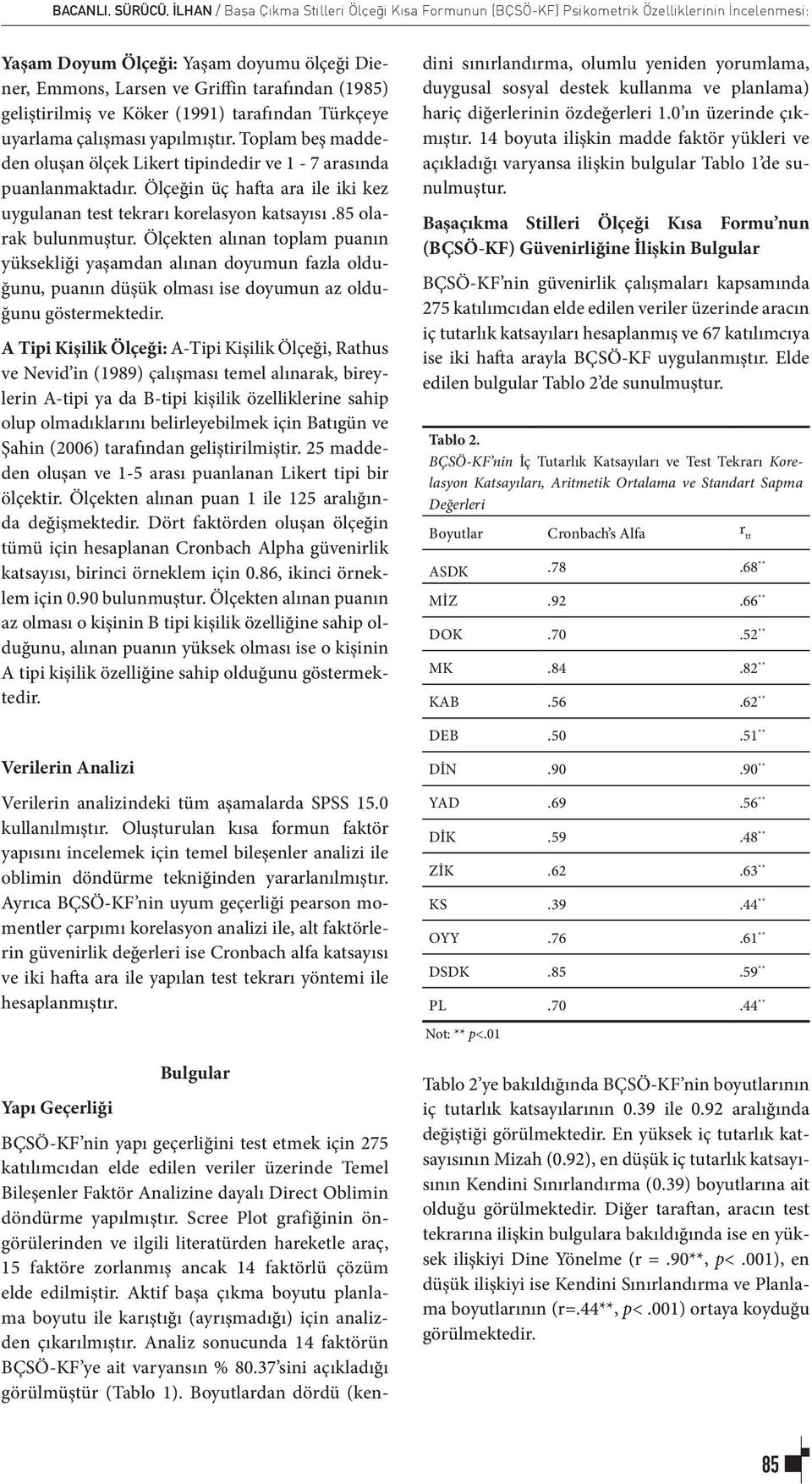 Ölçeğin üç hafta ara ile iki kez uygulanan test tekrarı korelasyon katsayısı.85 olarak bulunmuştur.