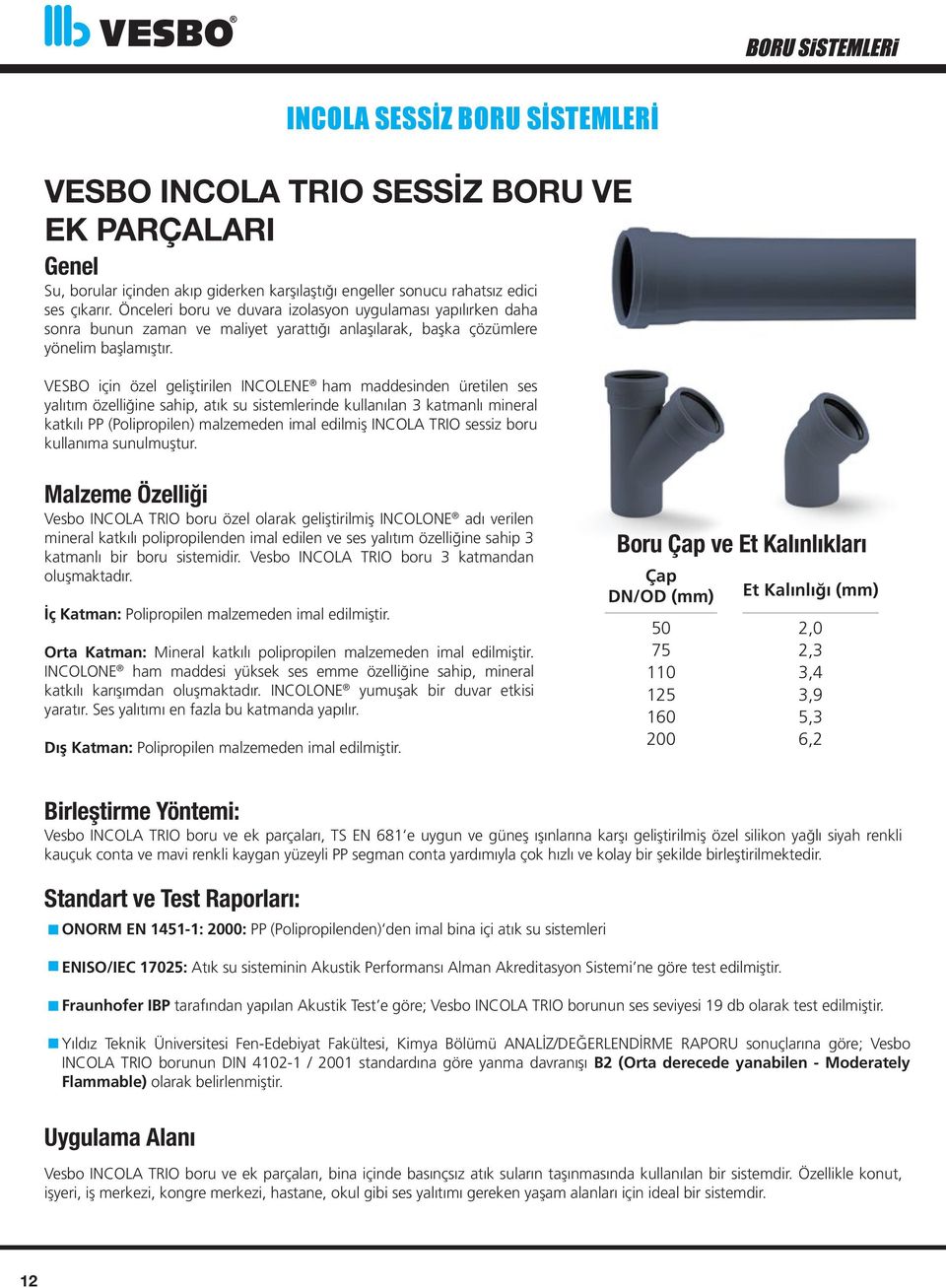 VESBO için özel geliştirilen INCOLENE ham maddesinden üretilen ses yalıtım özelliğine sahip, atık su sistemlerinde kullanılan 3 katmanlı mineral katkılı PP (Polipropilen) malzemeden imal edilmiş