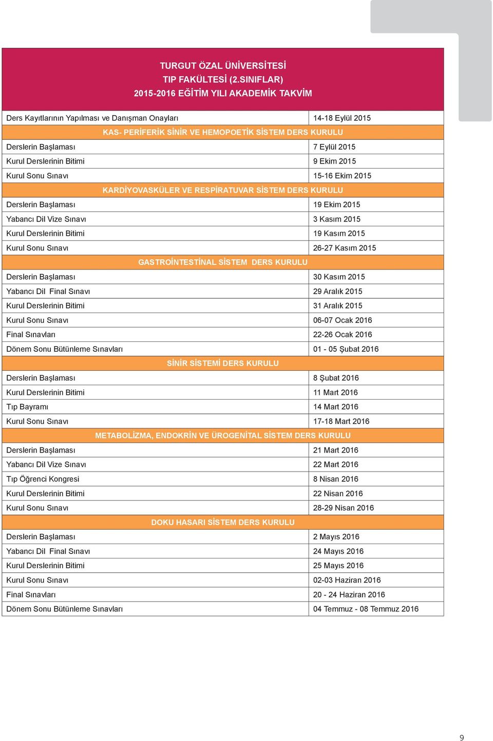 2015 Kurul Derslerinin Bitimi 9 Ekim 2015 Kurul Sonu Sınavı 15-16 Ekim 2015 KARDİYOVASKÜLER VE RESPİRATUVAR SİSTEM DERS KURULU Derslerin Başlaması 19 Ekim 2015 Yabancı Dil Vize Sınavı 3 Kasım 2015