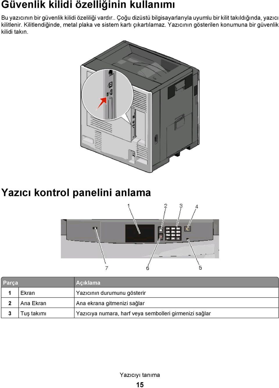 Kilitlendiğinde, metal plaka ve sistem kartı çıkartılamaz. Yazıcının gösterilen konumuna bir güvenlik kilidi takın.