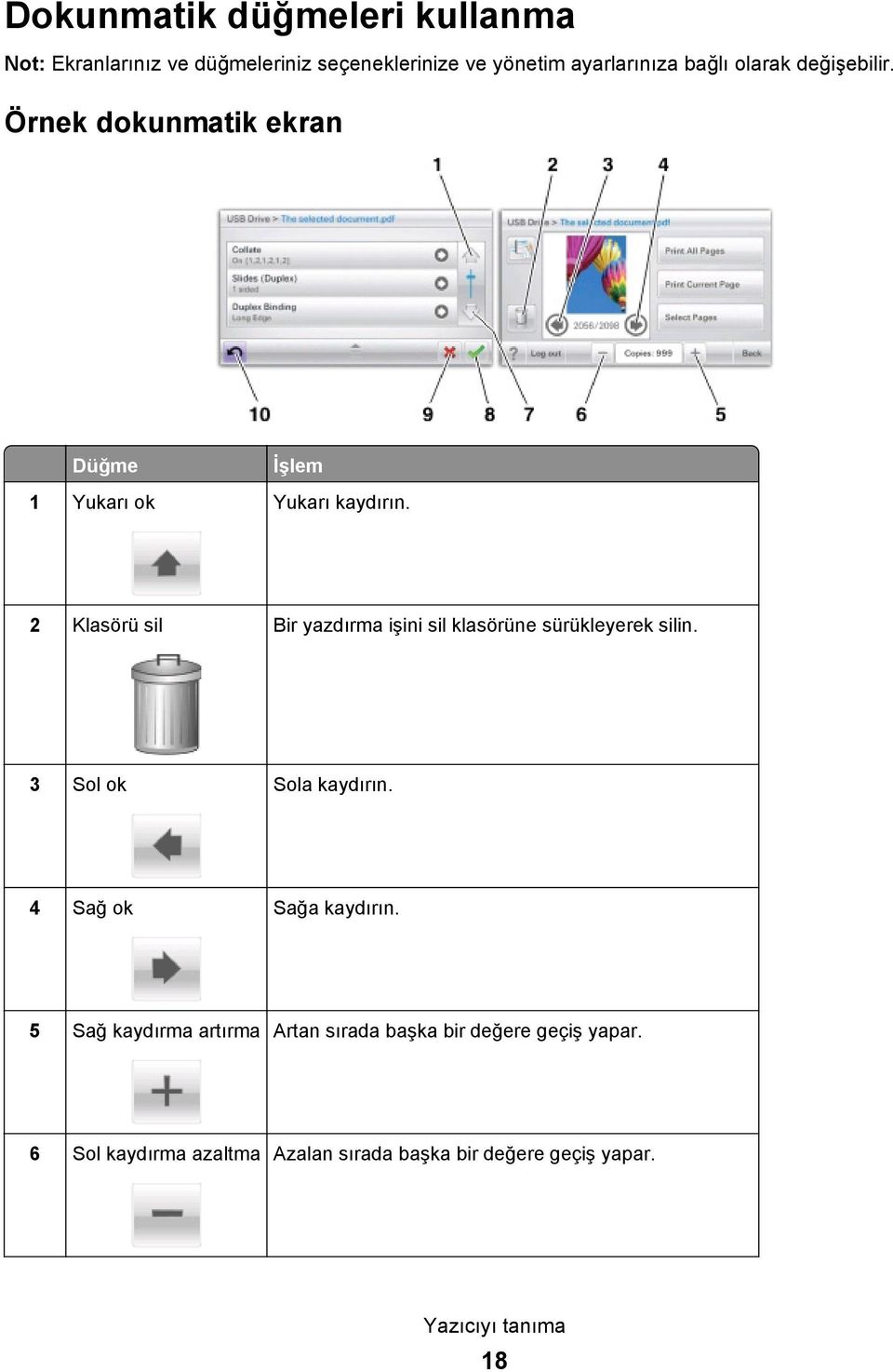 2 Klasörü sil Bir yazdırma işini sil klasörüne sürükleyerek silin. 3 Sol ok Sola kaydırın. 4 Sağ ok Sağa kaydırın.