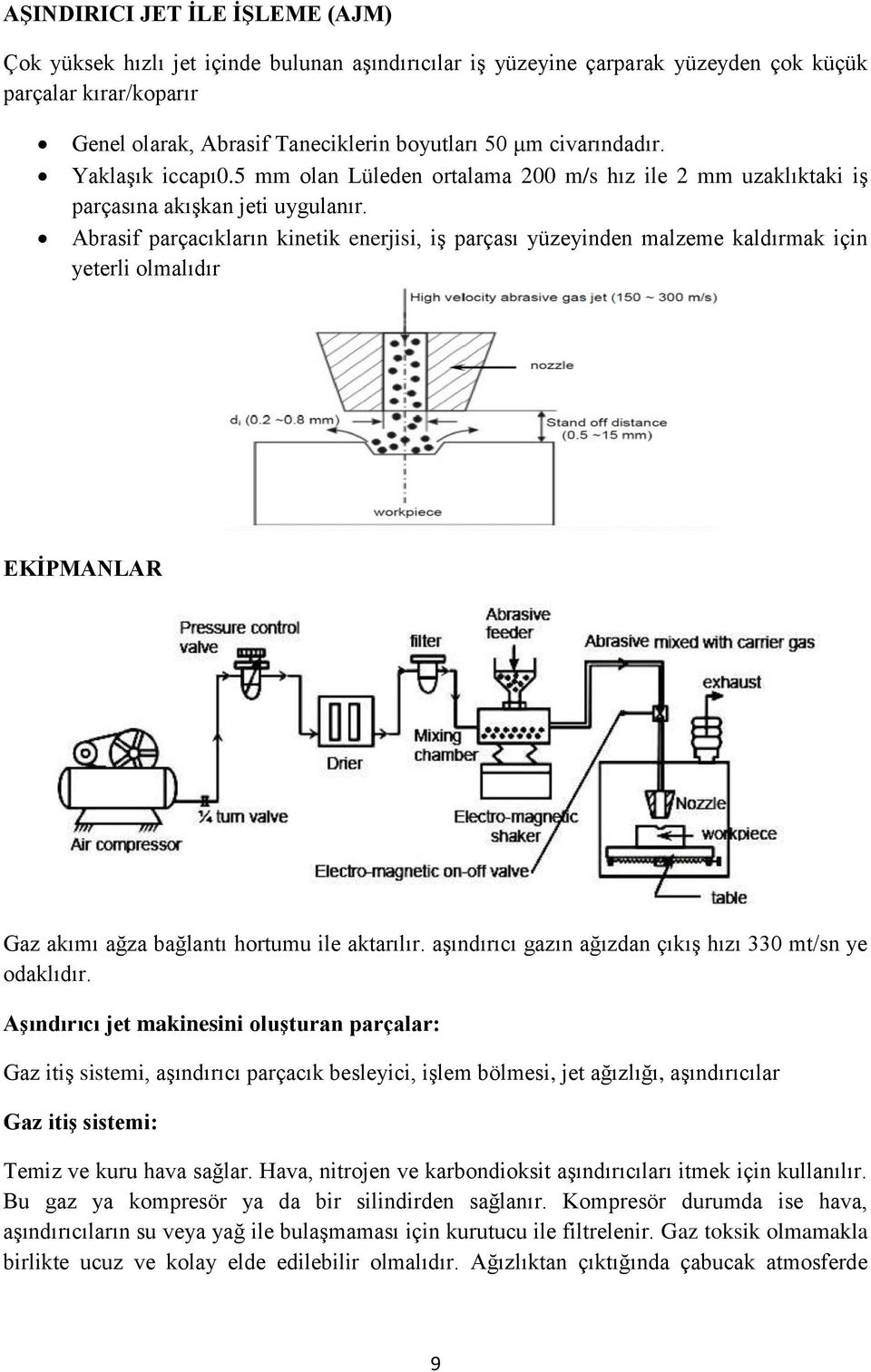 Abrasif parçacıkların kinetik enerjisi, iş parçası yüzeyinden malzeme kaldırmak için yeterli olmalıdır EKİPMANLAR Gaz akımı ağza bağlantı hortumu ile aktarılır.