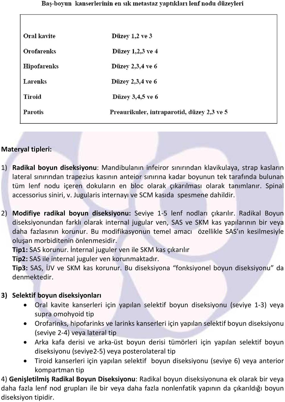 2) Modifiye radikal boyun diseksiyonu: Seviye 1-5 lenf nodları çıkarılır. Radikal Boyun diseksiyonundan farklı olarak internal jugular ven, SAS ve SKM kas yapılarının bir veya daha fazlasının korunur.