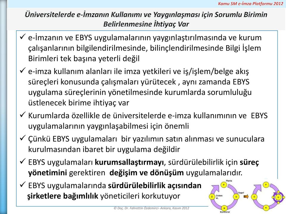 özellikle de üniversitelerde e-imza kullanımının ve EBYS uygulamalarının yaygınlaşabilmesi için önemli Çünkü EBYS uygulamaları bir yazılımın satın alınması ve sunuculara kurulmasından ibaret bir