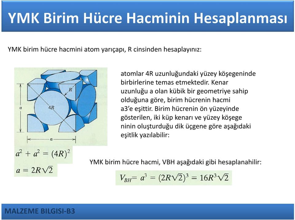 hücrenin ve atomların toplam hacmi atom yarıçapı, R ye göre hesaplanabilir.